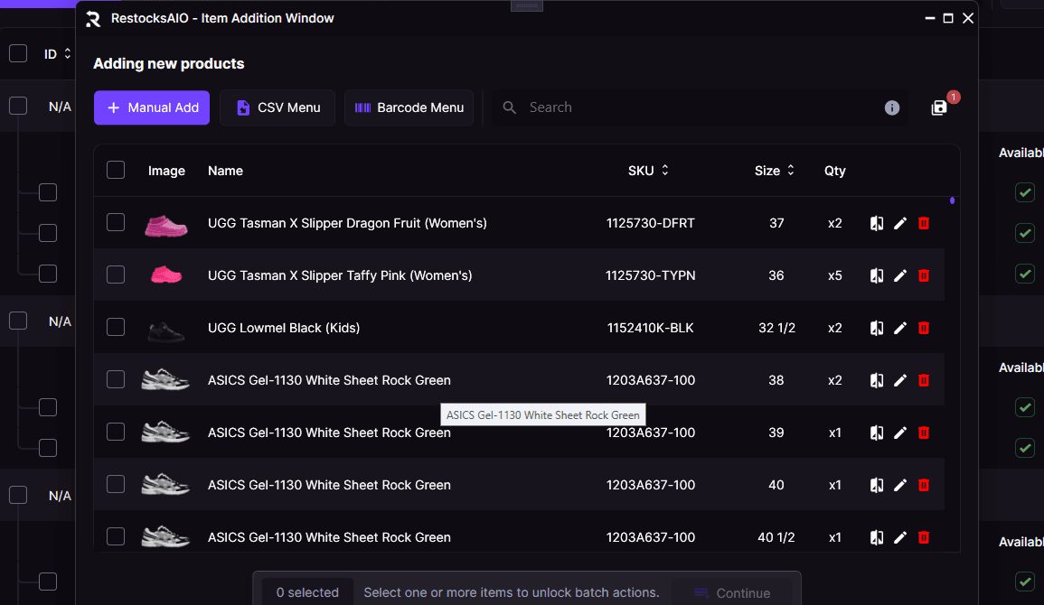 Item Addition Window in RestocksAIO with the barcode buffer and Snapshots controls